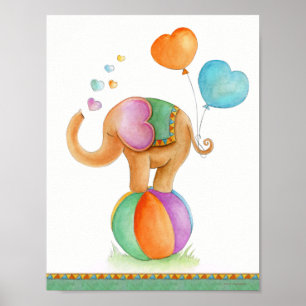 Whimsy circus elephant brown green nursery poster