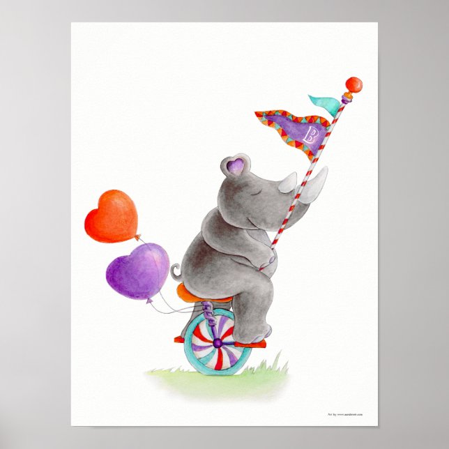 Whimsy circus gray rhino on a unicycle nursery poster (Front)