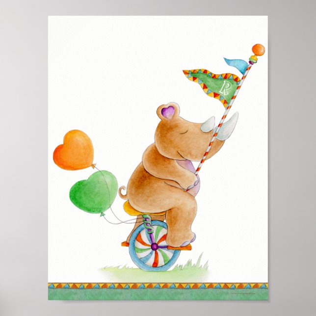 Whimsy circus rhino brown green nursery poster (Front)