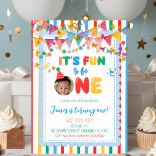 Whimsy Colourful Boy Fun to be ONE Photo Birthday Invitation