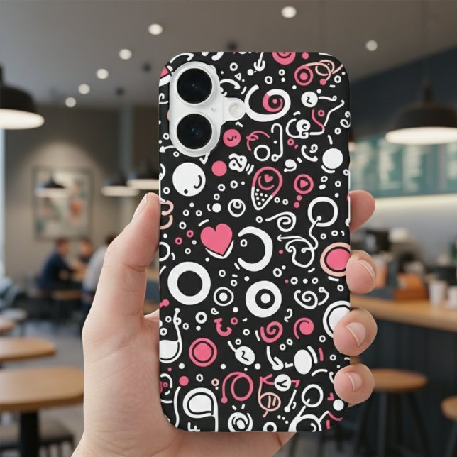 Whimsy Doodle Vibes – Abstract Hearts & Spirals iPhone 16 Case (Creator Uploaded)