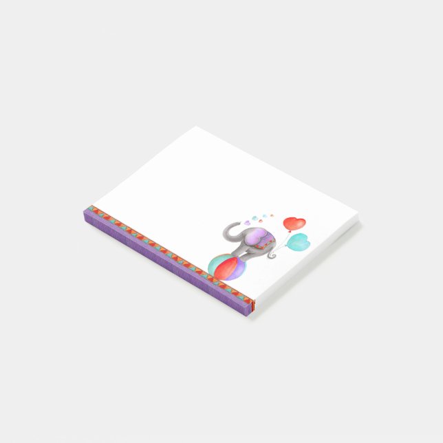 Whimsy elephant on a ball art purple post it notes (Angled)