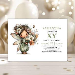 Whimsy Fairy Girl 4th Birthday Dusty Green Invite