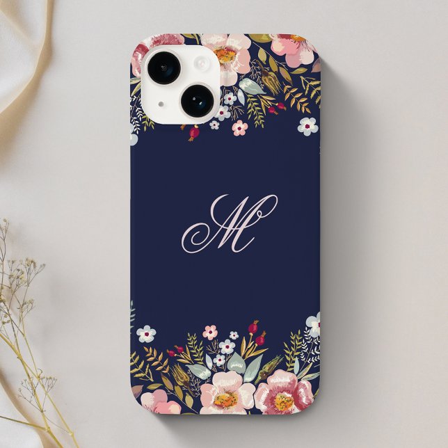 Whimsy Floral Monogram Navy Case-Mate iPhone Case (Creator Uploaded)