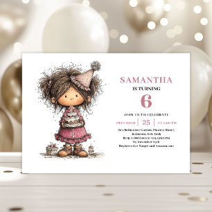 Whimsy Funny Girl 6th Birthday Invitation Pink