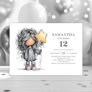 Whimsy Funny Girl 9th Birthday Black Gold Party  Invitation