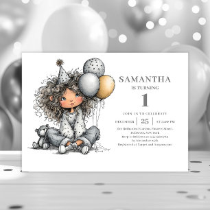 Whimsy Funny Girl Birthday Modern Black Gold  Invitation