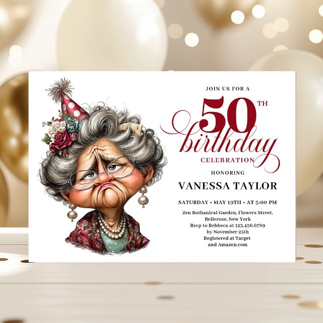 Whimsy funny grumpy woman fifty party editable invitation (Whimsy funny grumpy woman fifty party editable Invitation)