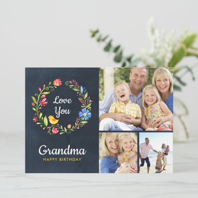 Whimsy Garden Wreath Birthday Photo Card (Standing Front)