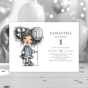 Whimsy Girl 1st Birthday Black Gold Party invite