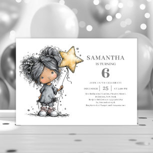 Whimsy Girl 5th Birthday Black Gold Party invites