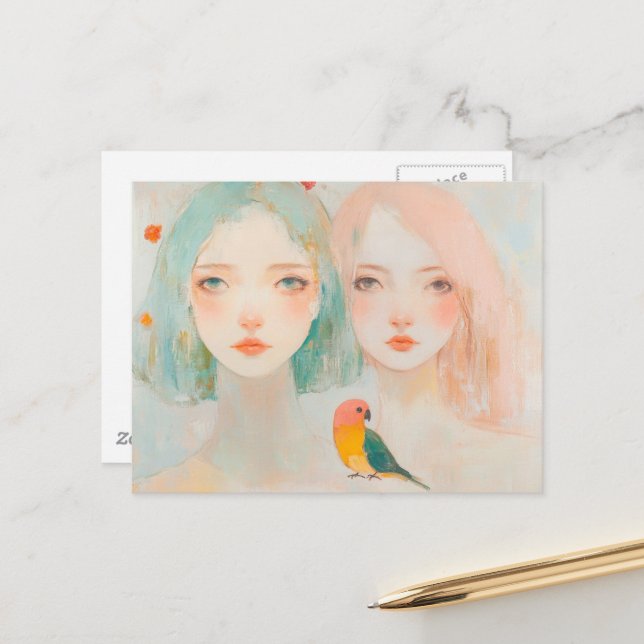 Whimsy Girls With a Cute Bird Postcard (Front/Back In Situ)