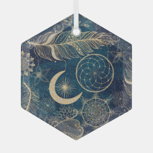 Whimsy Gold Glitter Dreamcatcher Feathers Mandala Glass Tree Decoration