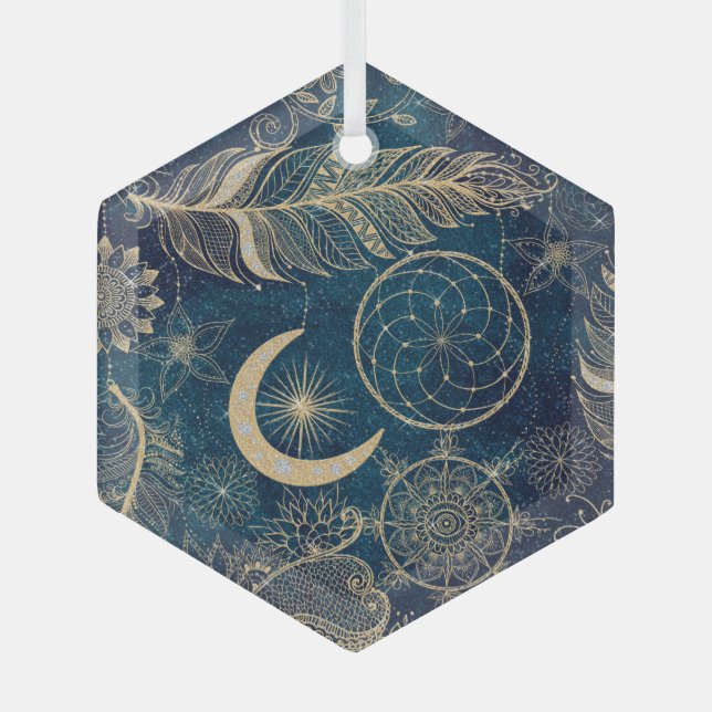 Whimsy Gold Glitter Dreamcatcher Feathers Mandala Glass Tree Decoration (Front)