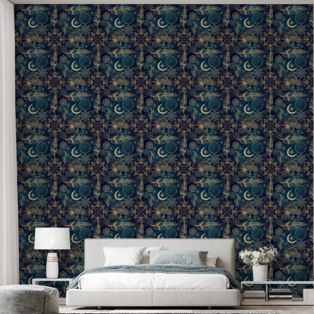 Whimsy Gold Glitter Dreamcatcher Feathers Mandala Wallpaper (Bedroom)