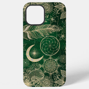 Whimsy Gold & Green Dreamcatcher Feathers Mandala iPhone 12 Pro Max Case
