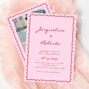 Whimsy Hand Drawn Retro Frame Pink & Red Wedding Invitation