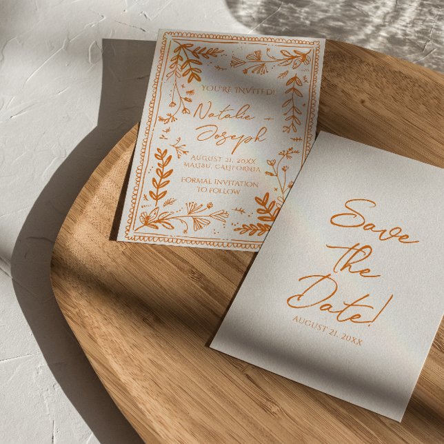 Whimsy Orange Drawn Floral Garden Save The Date (Creator Uploaded)