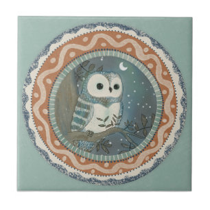 Whimsy Owl Mint Blue Terracotta Teal Aqua Tile