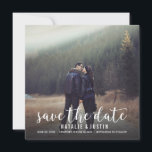 Whimsy Photo Save the Date Square Announcement<br><div class="desc">Whimsical and stylish save the date announcement with photo featuring white modern calligraphy script and striped patterned back</div>