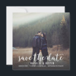Whimsy Photo Save the Date Square Announcement<br><div class="desc">Whimsical and stylish save the date announcement with photo featuring white modern calligraphy script and striped patterned back</div>