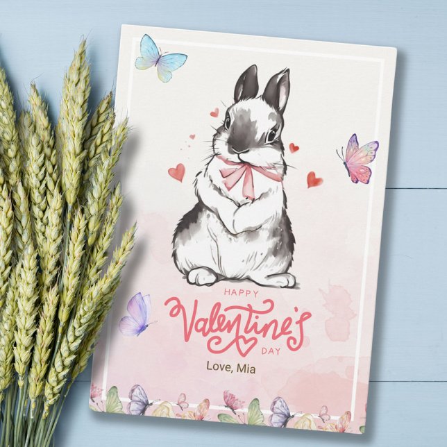 Whimsy Pink Butterflies & Bunny Valentine's Day  Card (Whimsy Pink Butterflies & Bunny Valentine's Day Card)