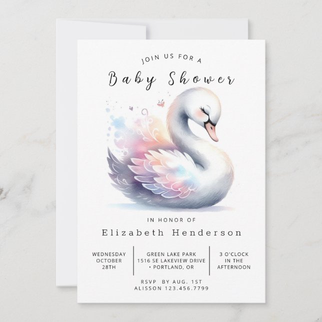 Whimsy Printable Swan Baby Shower Invitation (Front)