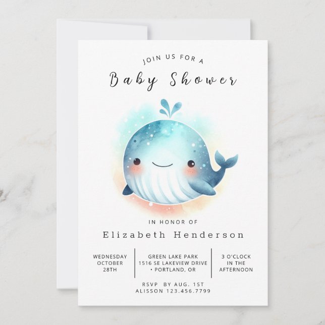 Whimsy Printable Whale Baby Shower Invitation (Front)