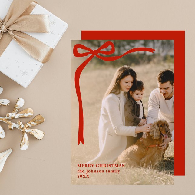 Whimsy Red Ribbon Simple Elegant Photo Christmas Holiday Card (Creator Uploaded)