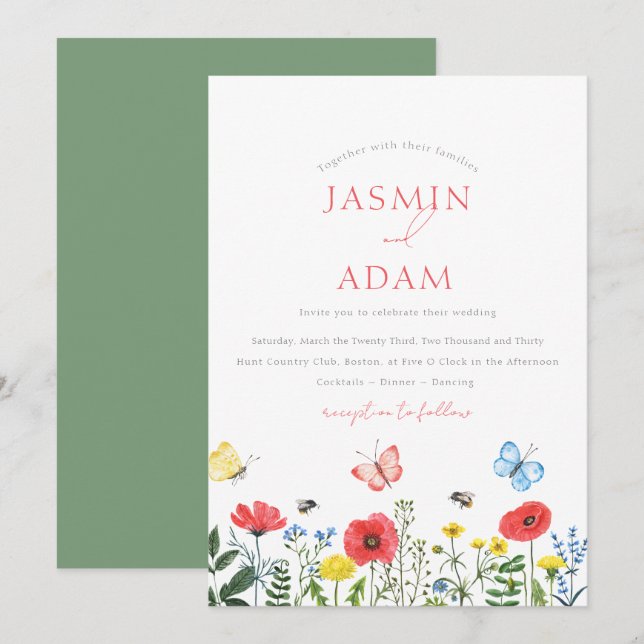 Whimsy Red Wildflower Butterfly Monogram Wedding Invitation (Front/Back)
