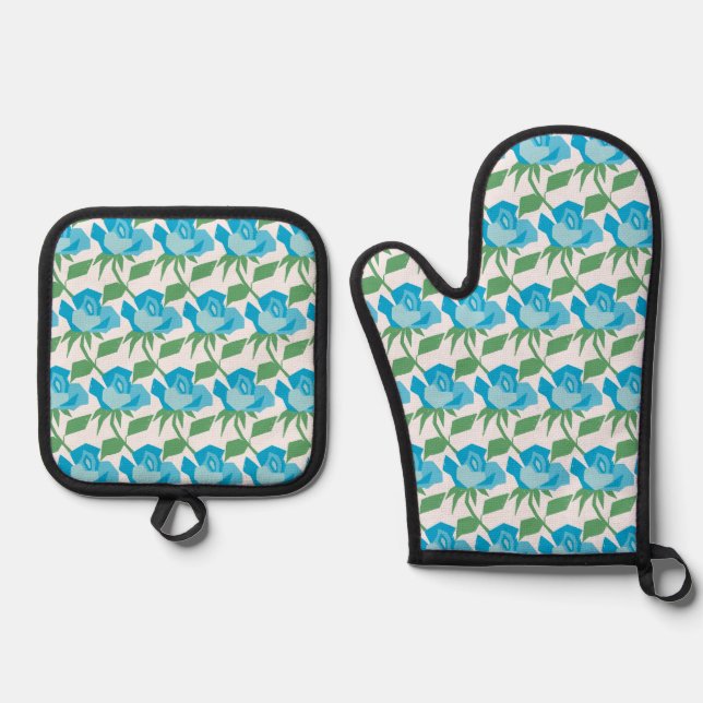 Whimsy Rose Blue Green Silver Quilted Oven Mitt & Pot Holder Set (Front)