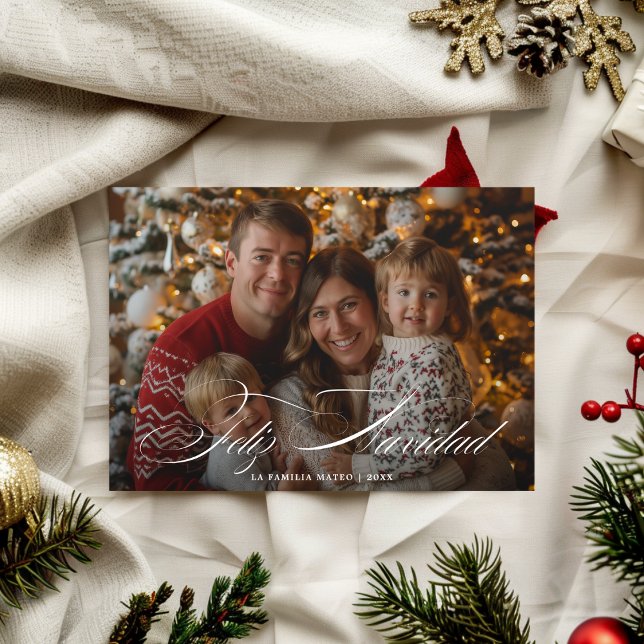 Whimsy Script Family Photo Feliz Navidad Red  Holiday Card (Creator Uploaded)