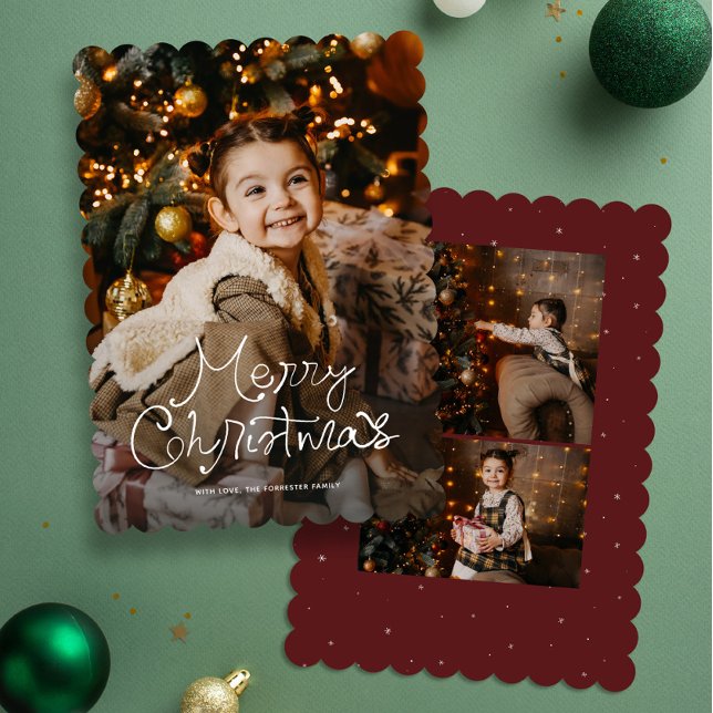 Whimsy script Merry Christmas three photo red Holiday Card (Creator Uploaded)