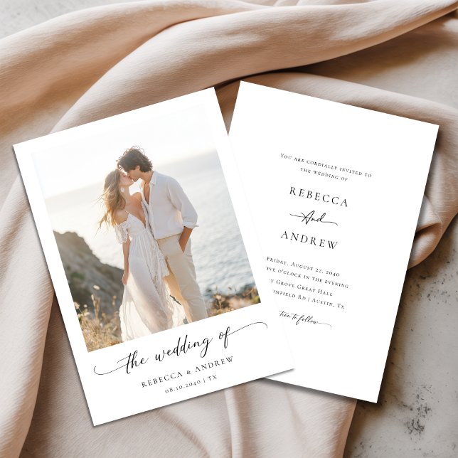 Whimsy Script Modern Minimal Beach Photo Wedding Invitation (Creator Uploaded)