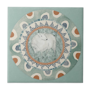 Whimsy Sheep & Bird Mint Blue Terracotta Aqua Tile