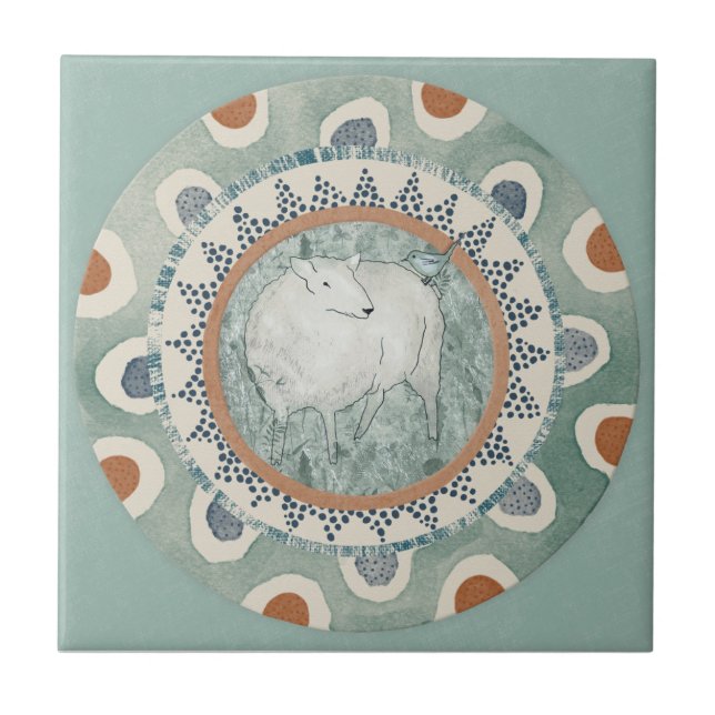 Whimsy Sheep & Bird Mint Blue Terracotta Aqua Tile (Front)