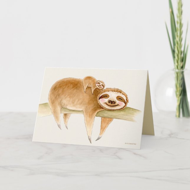 Whimsy sloth and cute baby watercolor painting card (Front)