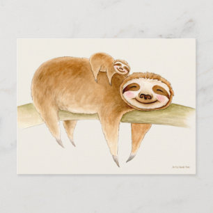 Whimsy sloth and cute baby watercolor painting postcard