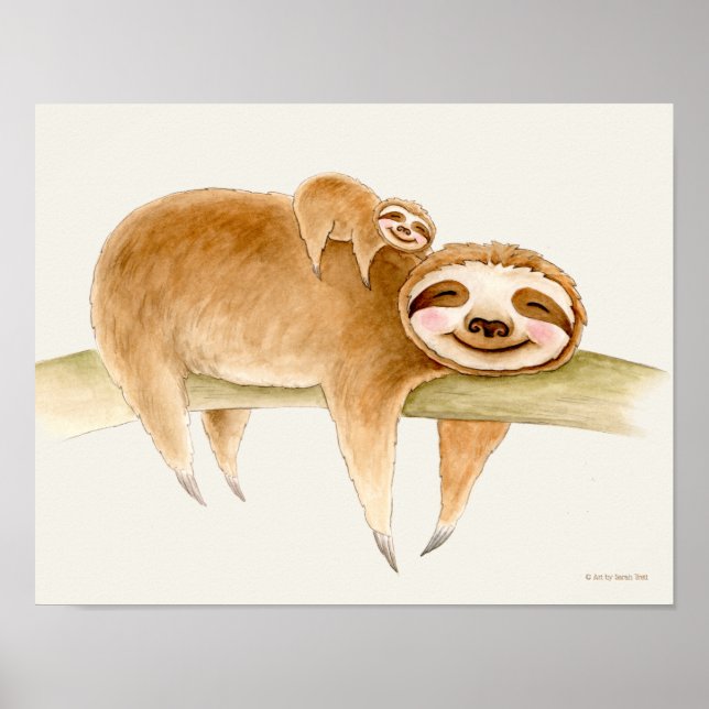 Whimsy sloth and cute baby watercolor painting poster (Front)