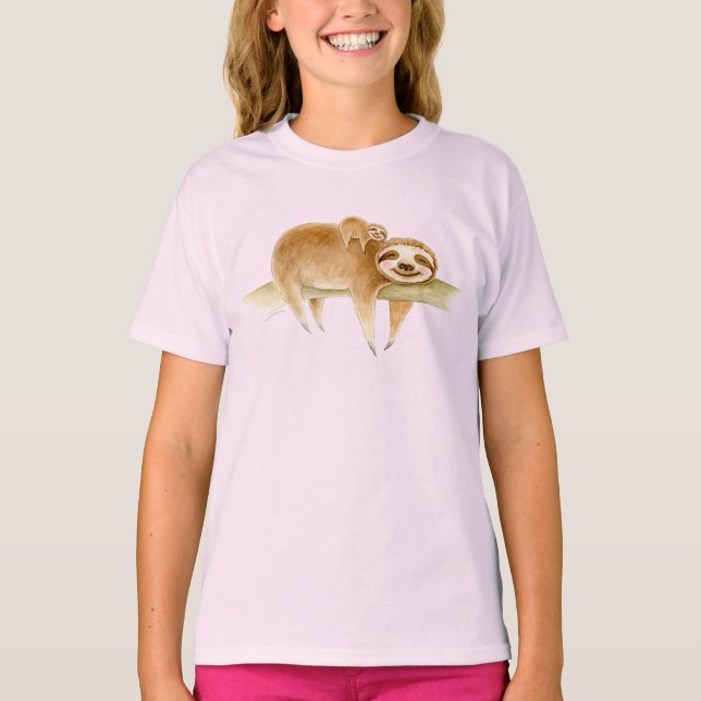 Whimsy sloth and cute baby watercolor painting T-Shirt (Front)