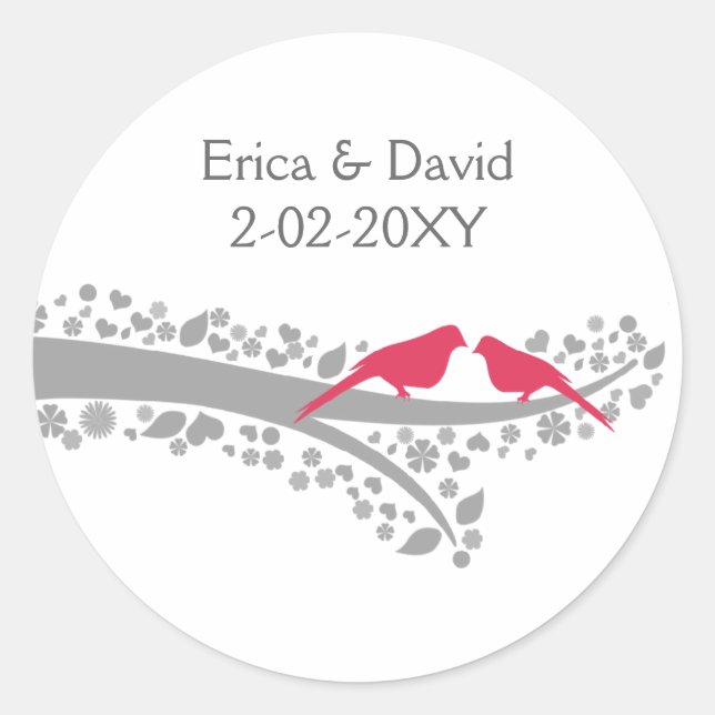 whimsy tree pink lovebirds wedding favour stickers (Front)