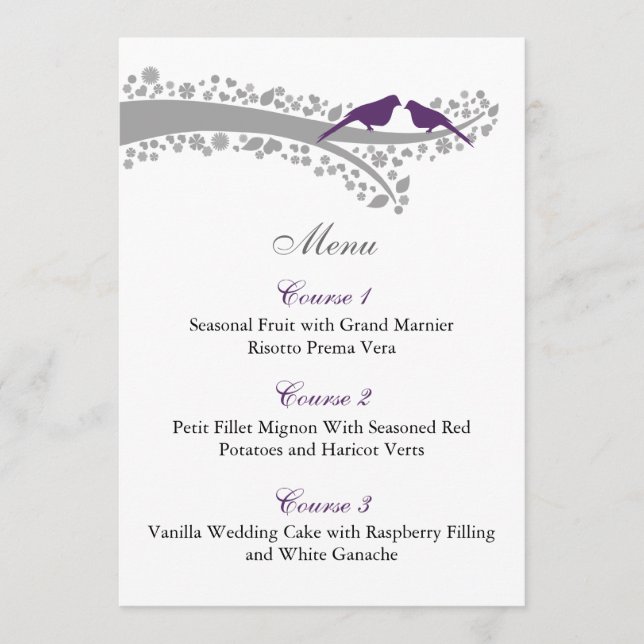 whimsy tree purple lovebirds menu cards (Front)