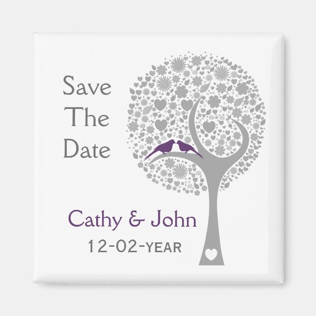 whimsy tree purple lovebirds mod save the date magnet (Front)