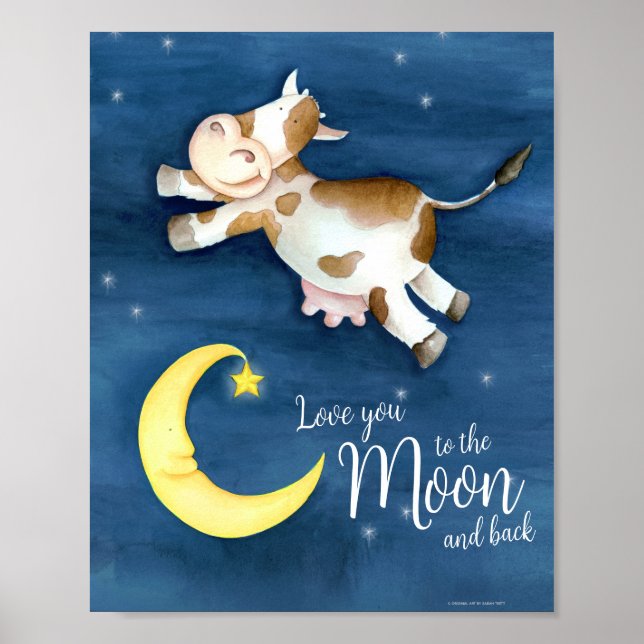 Whimsy watercolor art cow jumping over the moon poster (Front)
