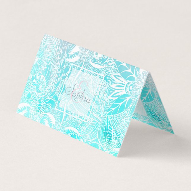 whimsy white floral mandala watercolor design business card (Front)