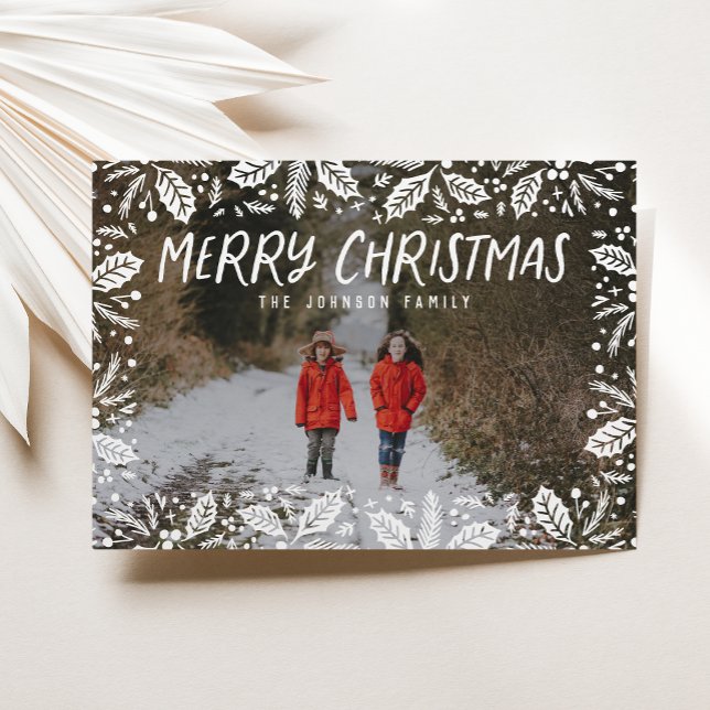 Whimsy White Holly Border Photo Christmas Holiday Card (Creator Uploaded)