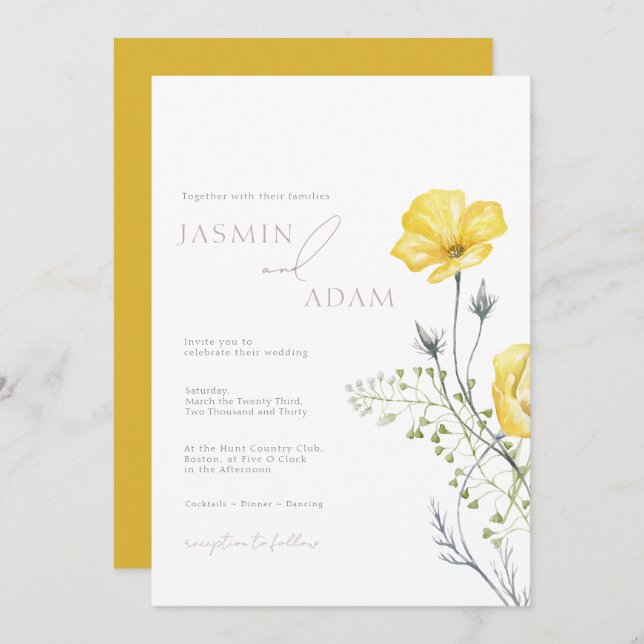 Whimsy Wildflowers Mustard Yellow Monogram Wedding Invitation (Front/Back)