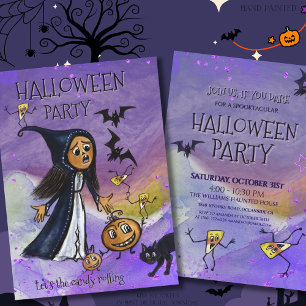 Whimsy Witch, Pumpkin & Candy Corn Halloween Party Invitation