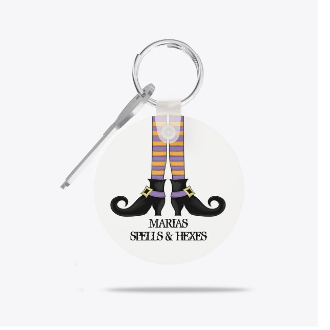 Whimsy Witch Shoes with Purple & Orange Stripe Key Ring (Personalized witch Halloween keychain with striped stockings and curled witch shoes.)