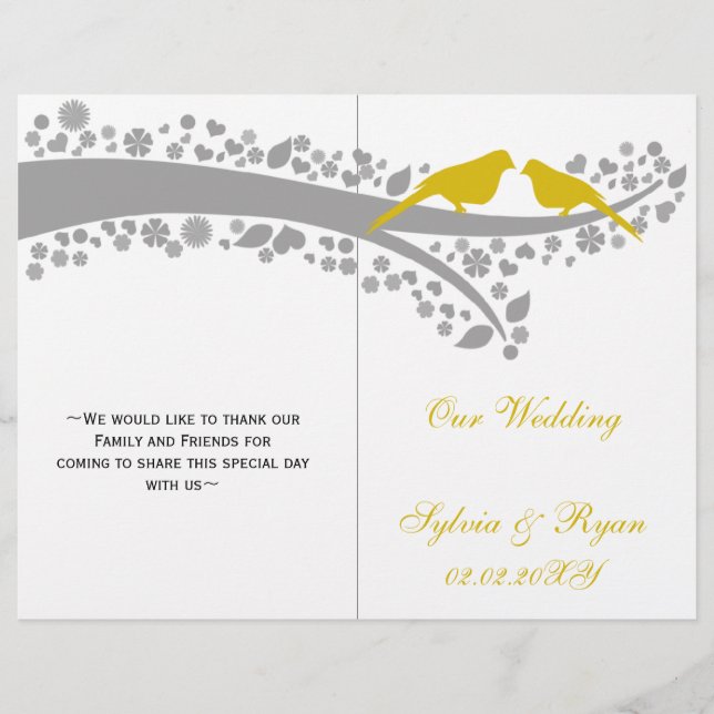 whimsy yellow lovebirds  folded Wedding program (Front)